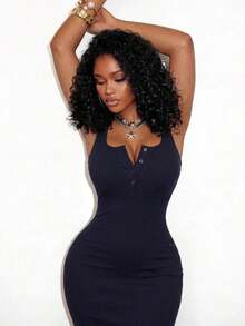 casual ajustado de unicolor con botones frontales y tirantes anchos para mujeres, atuendo de mujer de largo maxi para Año Nuevo - Azul marino - Ver 1