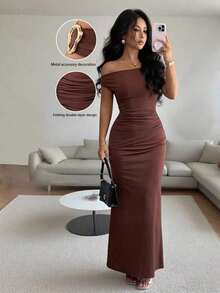 YHHRafferiza Vestido de fiesta elegante ajustado con hombros descubiertos y detalles metálicos fruncidos para mujeresYHH - Amarillo claro - Ver 9