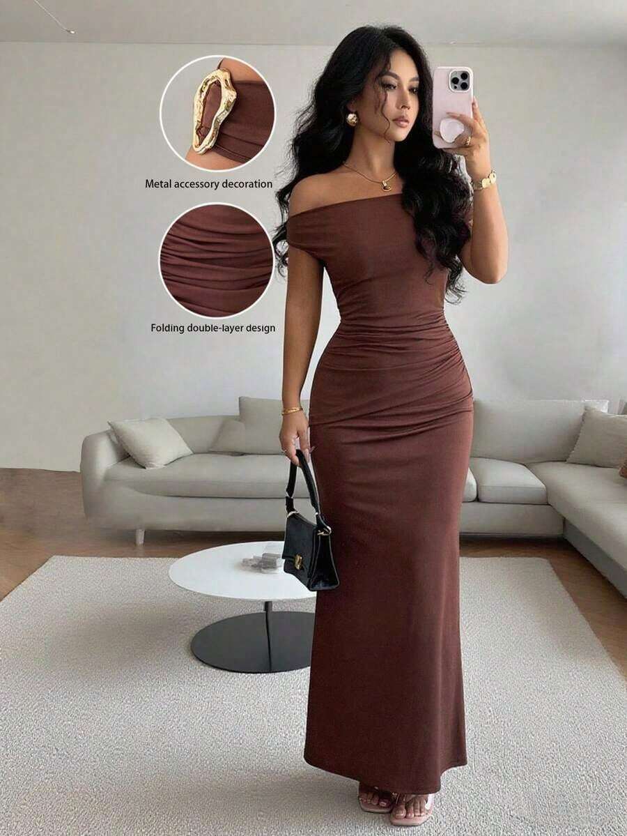 Elegant Formal Dress With Off-The-Shoulder Design And Ruched Metallic Details For Women - Brown - View 1