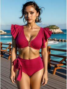 Nuevo bikini de cintura alta con volantes, estilo vintage, adelgazante y que disimula el abdomen, traje de baño push-up con escote en V profundo para mujeres en vacaciones. - Amarillo - Ver 7