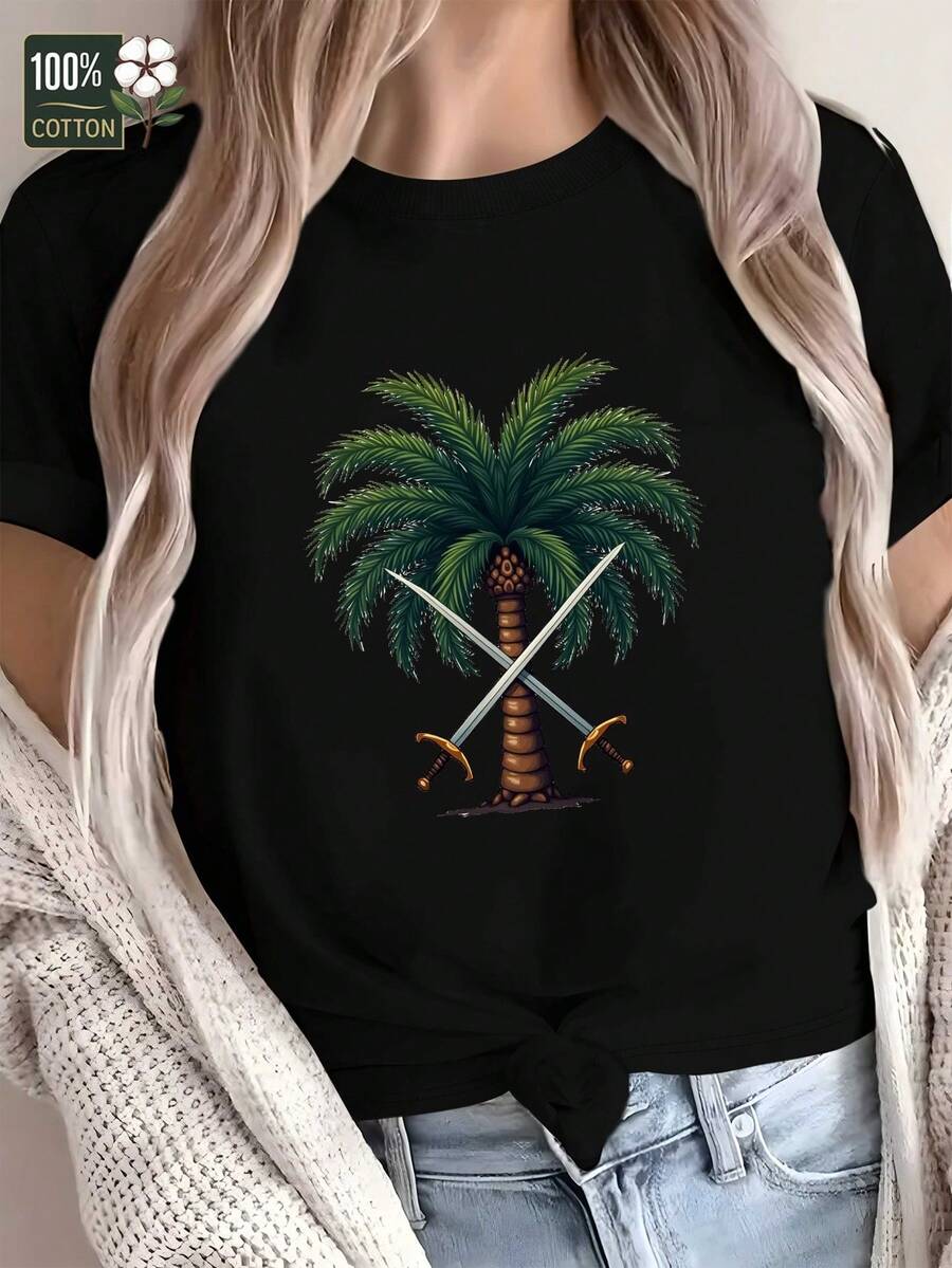 Comfortable Women's T-Shirt With Symmetrical Palm Tree And Crossed Sword Design - 黑色 - 查看 1