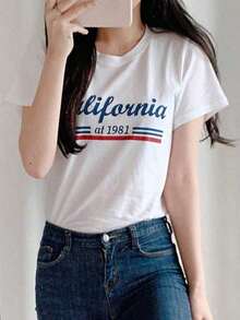 1 pieza Camiseta de Cuello Redondo con Estampado de Letras Verano 180g Algodón 100% - Blanco - Ver 7