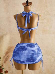 Women's Spring And Summer Beachwear Set, Featuring A Printed Mesh Tank Top With A Deep Neckline And Gold Flower Embellishment, And A Fitted Bodysuit Skirt. Earth-Toned Dress, Scarf, And Slip Dress Set For Vacation. - 彩色 - 查看 2