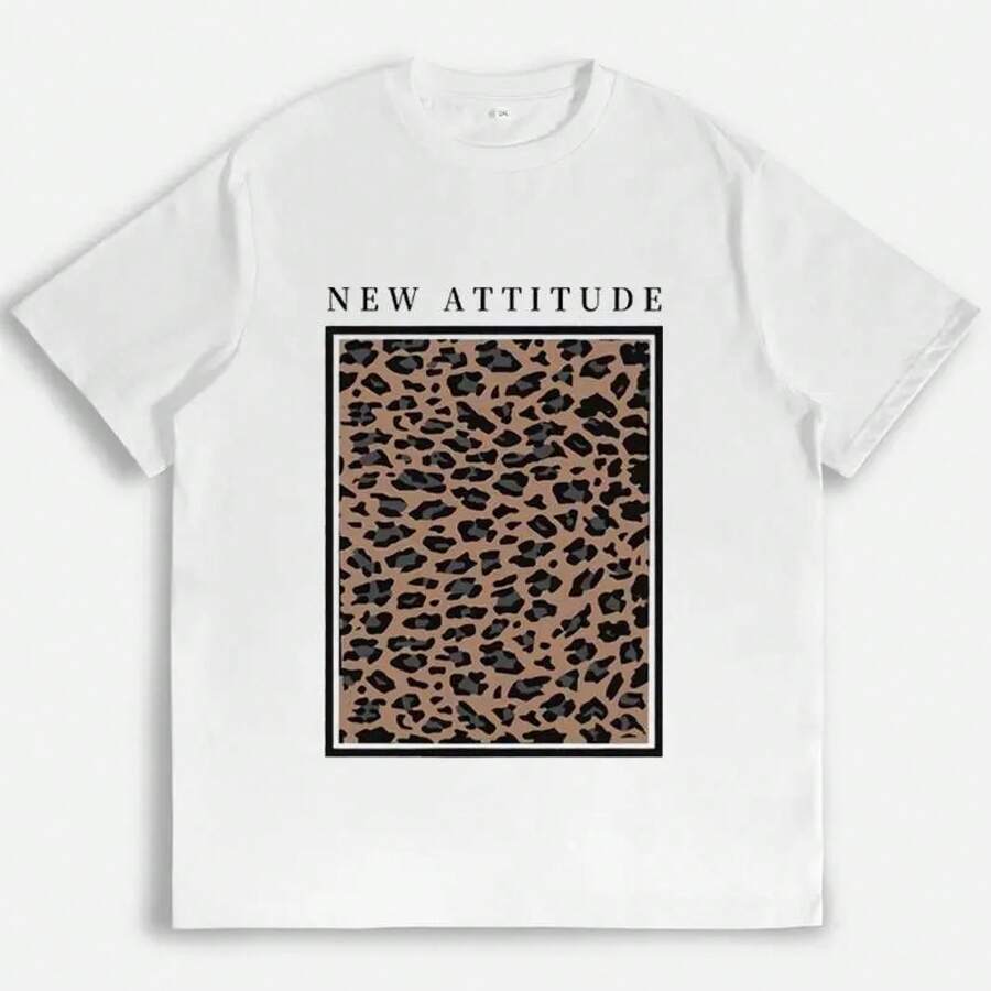 New Attitude Leopard Print T-Shirt, Animal Print T-Shirt, Retro Vintage T-Shirts, Casual Everyday Wear, Gift For Fashion Lovers, Y2K Stylish Graphic T-Shirt For Women - 白色 - 查看 1