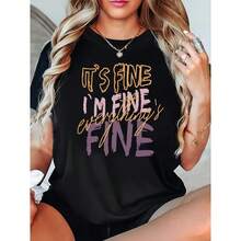 Women's Short-Sleeved Cotton Graphic T-Shirt With The Funny Phrase 'It's OK, I'm OK, Everything's OK', Casual Summer T-Shirt, Soft, Lightweight, For Everyday Wear, Streetwear, Custom Top For Women. - 黑色 - 查看 1