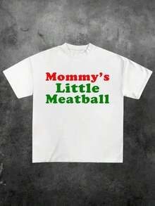 Mommy's Little Meatball, Casual Print, Comfortable And Versatile, 220g Pure Cotton Printed T-Shirt With Letter Pattern - 黑色 - 查看 7