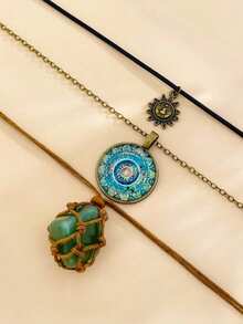 3pcs Vintage Gothic Adjustable Sun Design Green Necklace Natural Turquoise Pendant Necklace Women Y2K Necklace Set - Green - View 5