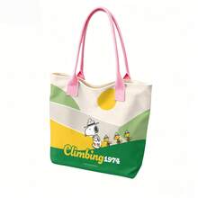 Miniso Peanuts Snoopy Climbing 1974 Canvas Tote Bag, Retro Color Block Shoulder Bag For Daily Use - Pink - View 3