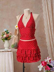 Women's Sexy Polka Dot Print Tie-Neck Tankini Swimsuit With Open Back, Suitable For The Beach And Vacation - 紅色的 - 查看 4