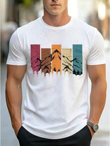 Nueva Camiseta de Verano para Hombre, Estilo Vintage, con Estampado de Montaña y Bosque en Bloques de Color, Manga Corta, Cuello Redondo, Versátil - Blanco - Ver 1