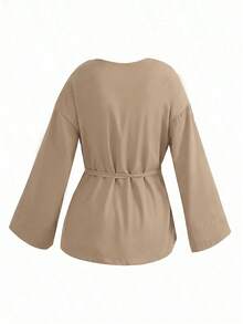 Jaket Wanita Minimalis Model Baru Musim Gugur Lengan Panjang dengan Ikatan di Depan, Cocok untuk Semua Musim - Unta - View 3