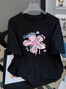 Personalized Minimalist Casual Summer T-Shirt, 100% Cotton, Loose Crew Neck, Versatile, Comfortable For Women,  Casual Youth T-Shirt For Everyday Wear, Short Sleeve - Vintage Urban Style, Unisex, Loose Cotton Short Sleeve Crew Neck T-Shirt - 黑色 - 查看 1