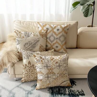 4pcs Bohemian Style Abstract Line Print Throw Pillow Covers, Hidden Zipper Closure, Machine Washable, Home Decorative Cushion Covers For Sofa, Living Room, Bedroom, No Pillow Insert
