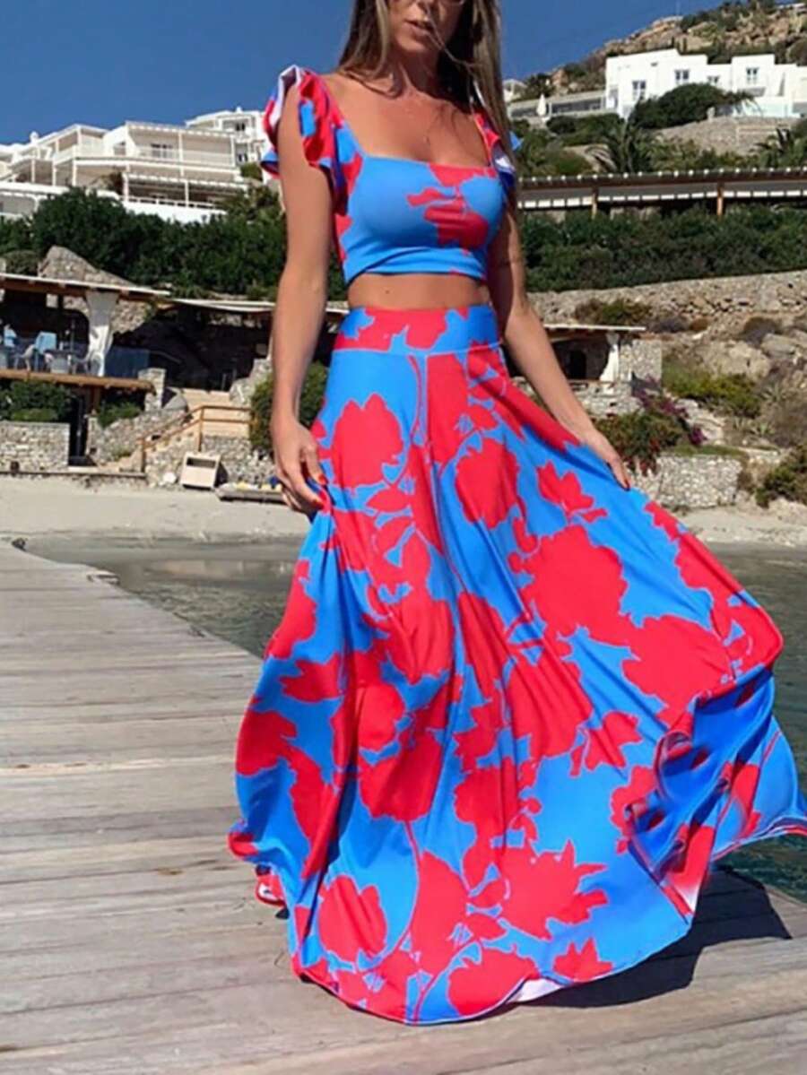 Women's Two-Piece Set With Floral Print Crop Top And Maxi Skirt, Halter Neckline, High Belt, Lightweight And Breathable Fabric Ideal For Beach, Vacation And Summer, Boho Chic Style Perfect For Beach Parties And Resorts - 紅色 - 查看 1