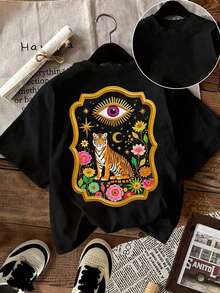 Camiseta casual de mujer, Camiseta de arte de tigre misterioso - Camiseta surrealista, Camiseta de tigre rosa y dorado para veranoPure-Cotton - Negro - Ver 1