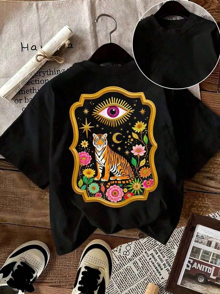 Camiseta casual de mujer, Camiseta de arte de tigre misterioso - Camiseta surrealista, Camiseta de tigre rosa y dorado para veranoPure-Cotton - Negro - Ver 1
