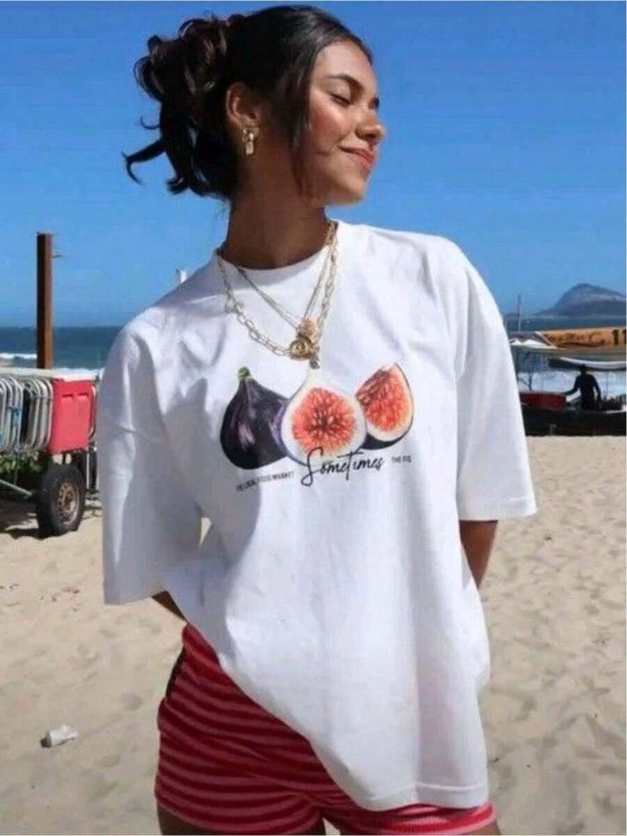 [Summer Breeze] Camiseta de Hombros Caídos Estampada, Versátil y a la Moda, Estilo Casual para Vacaciones, Conjuntos de Verano 2026 para Mujer, Ropa de Playa para Mujer, Ropa para Conciertos Country, Ropa para Conciertos, Estilo Casual de Negocios para Mujer, Estilo Urbano Vintage Unisex, Camiseta Holgada de Algodón de Manga Corta con Cuello Redondo, 100% Algodón - Blanco - Ver 1