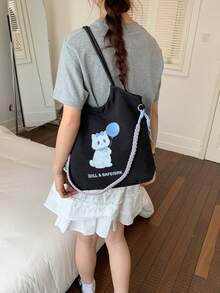 2025新款流行女士手提包，大容量通勤利落设计单肩包，休闲百搭简约时尚托特包，舒适尼龙面料撞色设计，舒适双肩带，敞口设计，空间充足，秋冬季款 - 黑色 - 查看 2