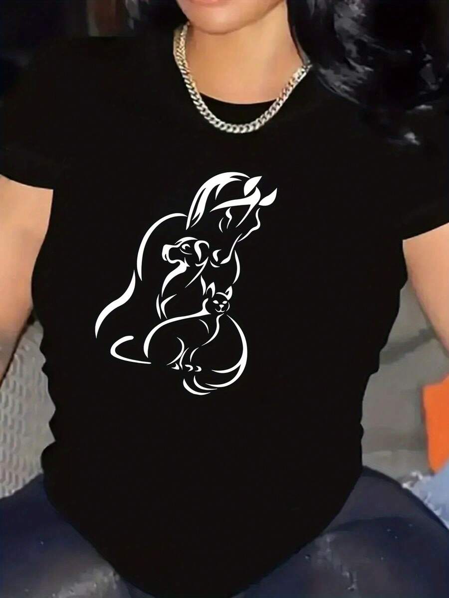 Camiseta Casual de Manga Corta para Mujer Y2K1 - Estampado de Caballo, Gato y Perro, Transpirable y Cómoda, Cuello Redondo, Ropa de Verano Estilo Granja para Amantes de los Animales, Lavable a Máquina, Regalo para Dueños de Mascotas, Tela para Todas las Temporadas con Estampado Gráfico de Baja Elasticidad, Ropa Urbana de Verano - Negro - Ver 1
