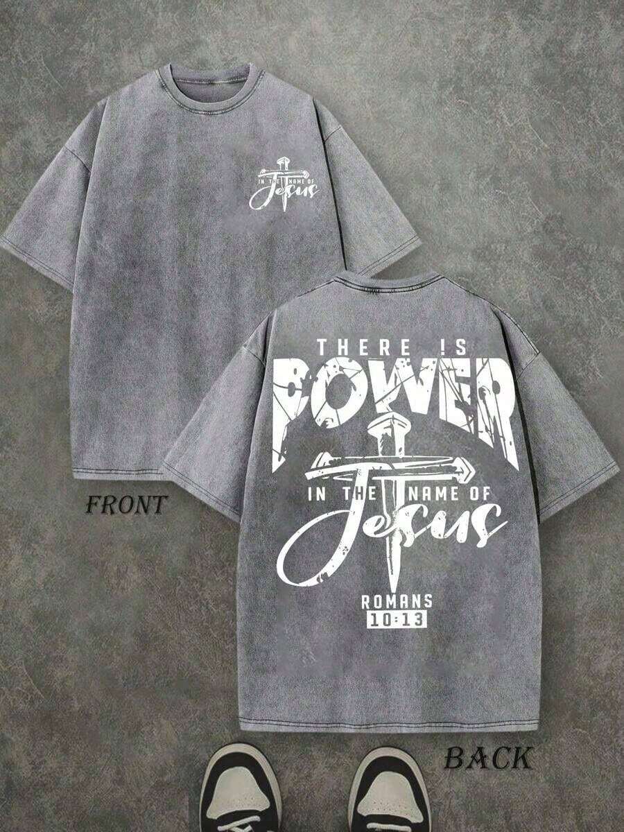 Camiseta de manga corta de algodón lavado con estampado de cruz de Jesús, de doble cara, unisex, aplicable en múltiples escenarios: hogar, viajes diarios, oficina, deportes, reuniones (estilo retro, unisex, de tela gruesa). - Gris Oscuro - Ver 1