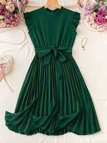 Vestido de verano para mujer de unicolor con mangas cortas, cuello alto, cintura plisada, para vacaciones y playa - Verde - Ver 1