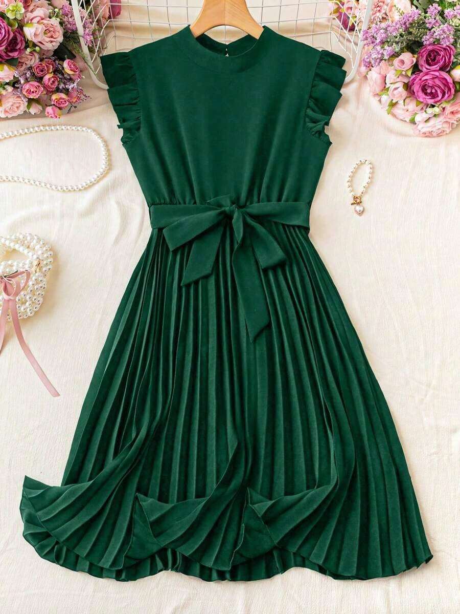 Vestido de verano para mujer de unicolor con mangas cortas, cuello alto, cintura plisada, para vacaciones y playa - Verde - Ver 1