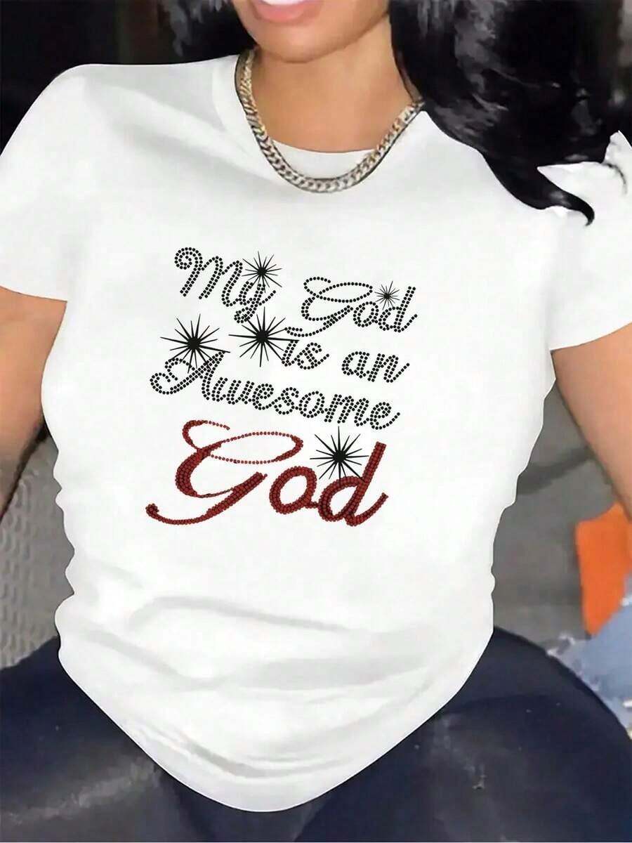 Camiseta De Manga Corta Con Diseño De Diamantes De Imitación Brillantes | Ideal Para Uso Casual En La Sala De Estar, Tela Duradera Y Ligera, Ajuste Cómodo Para Uso Diario, Top Elegante Y Moderno Para La Moda Femenina, Cuello Redondo, Tela De Elasticidad Media, Patrón EstampadoWomen Standard Size Casual T-Shirt Breathable Lightweight Short Sleeve Tee Blusas Para Mujer Camisa - Blanco - Ver 1