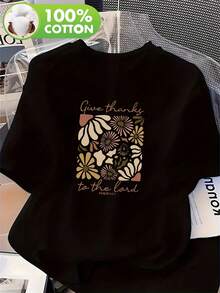 Elegante Camiseta de Manga Corta para Mujer con Estampados Artísticos Retro Personalizados de Letras, Animales y Diseños Florales, 100% Puras, Esencial para Primavera y Verano, Cuello Redondo, 13022 - Negro - Ver 1