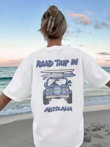 ropa de mujer Camiseta 100% Algodón con Estampado de Doble Cara - Camiseta Casual para Mujer |       Tabla de surf con pingüino de dibujos animados y estampado de coche, viaje por carretera en la  Dorada, Australia |       Cuello Redondo, Manga Corta, Corte Regular - Tops de Verano - Nuevos Conjuntos de Verano 2026 para Mujer - Conjuntos de Vacaciones para Mujer 2026 - Camiseta Casual - camisas de mujer - Blanco - Ver 3
