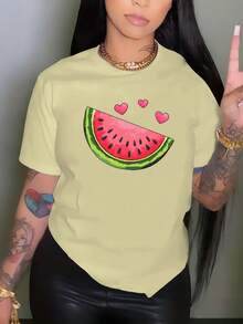Tallas Grandes, Camisetas Estampadas de Sandía para Mujer de Tallas Grandes, Tops Casuales de Manga Corta con Cuello Redondo para Primavera y Verano, Ropa de Tallas Grandes para Mujer, Ropa de Moda - Albaricoque - Ver 2