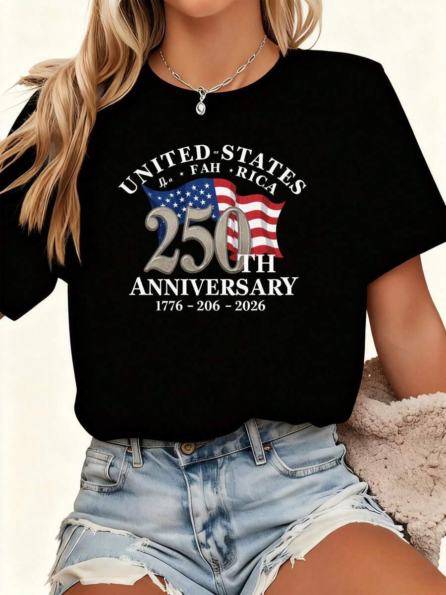 Plus Size T-Shirt Celebrating The 250th Anniversary Of U.S. Independence (1776-2026) With Stars And Stripes - Unisex Loose Fit Casual T-Shirt Suitable For Patriotic People, Historical Themed Clothing With Comfortable Crew Neck (Machine Washable) - 黑色 - 查看 1