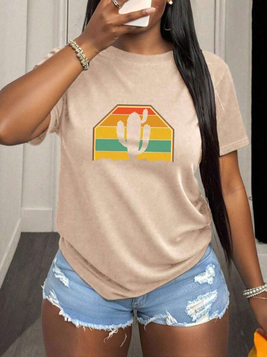 Camiseta mujer Trapezoidal Cactus estampado Primavera Verano Casual Suelta Cuello redondo Manga corta - Albaricoque - Ver 1