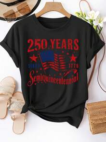 Women's Short-Sleeved T-Shirt With Round Neck, Featuring A Print Commemorating The 250th Anniversary Of 1776, Machine Washable, Spring/Summer T-Shirt, Fun Design, Comfortable Fit, Commemorative T-Shirt For The 250th Anniversary Of The United States. - 黑色 - 查看 1