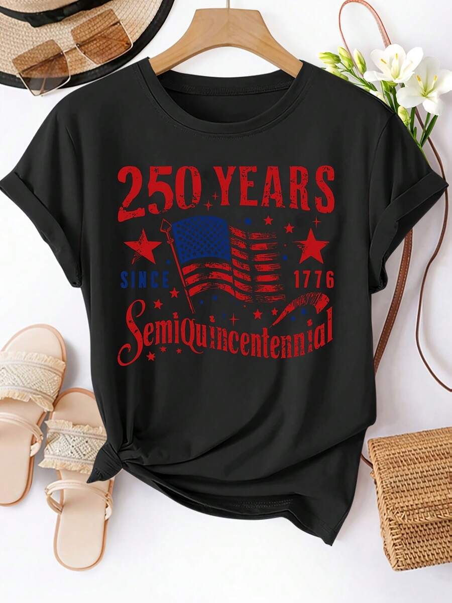 Women's Short-Sleeved T-Shirt With Round Neck, Featuring A Print Commemorating The 250th Anniversary Of 1776, Machine Washable, Spring/Summer T-Shirt, Fun Design, Comfortable Fit, Commemorative T-Shirt For The 250th Anniversary Of The United States. - 黑色 - 查看 1