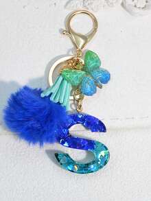 1pc Blue Heart Letter Keychain With Butterfly & Flower Decor, Women Bag Charm, Gift Keyring With Pom Pom - Royal Blue - View 22