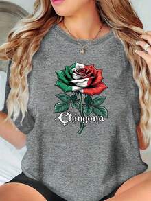 Camiseta de Manga Corta con Estampado de Rosas para Mujer - Estilo Deportivo y Casual, Suave y Transpirable, 95% Poliéster 5% Spandex 180g, Diseño Estampado, Moderna y a la Moda, Personalidad Única, Encantadora y Casual - Negro - Ver 8