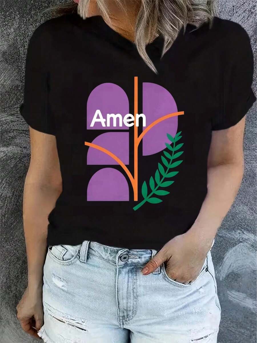 Camiseta de Verano de Manga Corta para Mujer, Estampada, Moderna y Casual, Lavable a Máquina, Ajuste Cómodo con Estampado Plano 2D. TKEQ - Negro_07 - Ver 1