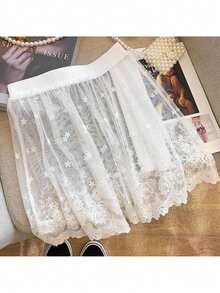 1pc Versatile Solid Color Lace Ruffle Hem Skirt, This Fashionable Single-Layer Embroidered Lace Mini Skirt Is Suitable To Pair With Leggings, Hoodies Or Sweaters, A All-Season Item - Multicolor - View 9