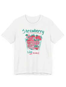 Camiseta de mujer holgada y elegante de la colección primavera/verano 2026 |   Estilo coreano sexy con lindo estampado "Strawberry Farm Not Usual", cómoda y suave para la piel, ropa casual - [Blanco] - Ver 2