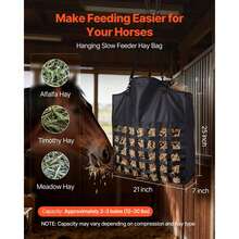 Hay Bag For Horses, 21.65 X 7.28 X 25.2 In, 1.81 X 1.81 In Holes, Premium Nylon Construction With PVC Waterproof Coating, Adjustable Hanging Straps And Metal Hooks, Slow Feed Hay Bag For Horses - Medium Mesh, Webbing, 21*7*25 Inch - 查看 2