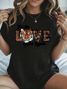 Elegante y casual para mujer, manga corta, Camiseta con estampado de tigres "For The Love Of The Tigers", ropa casual blanca de verano. - Negro - Ver 1