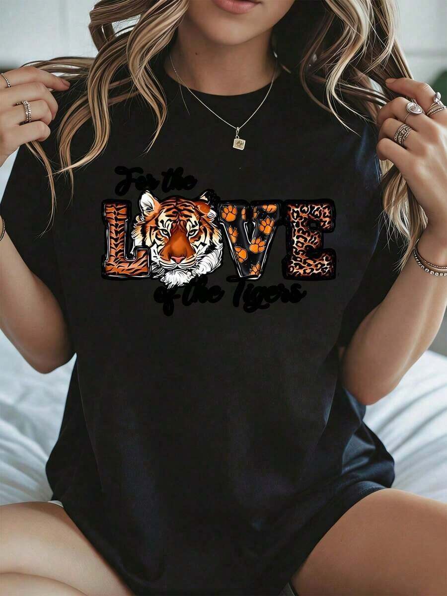 Elegante y casual para mujer, manga corta, Camiseta con estampado de tigres "For The Love Of The Tigers", ropa casual blanca de verano. - Negro - Ver 1