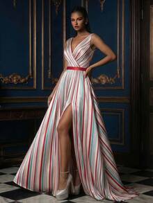 Women's Sleeveless V-Neck Striped Maxi Dress, Flared Hem, High Slit Design, Suitable For Formal Evening Wear Pink Wedding - Pink - View 5