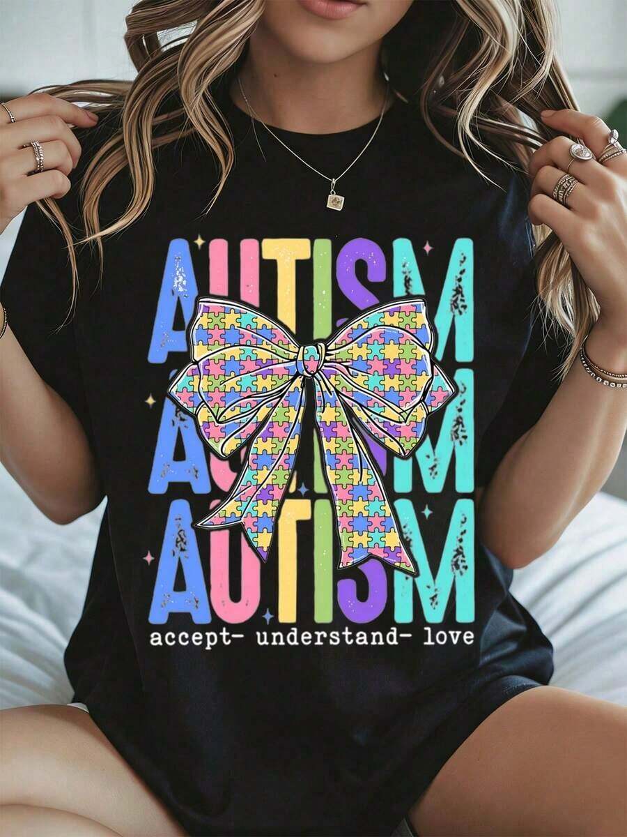 Elegante y casual para mujer, manga corta, camiseta con estampado de lazo colorido y rompecabezas, ropa casual negra para otoño y primavera. - Negro - Ver 1