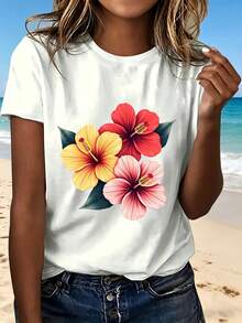 Hibiscus Flower Print T Shirt With Fashion Design Casual Summer Wear Perfect Gift For Beach Outing And Vacation - Blanco - Ver 1