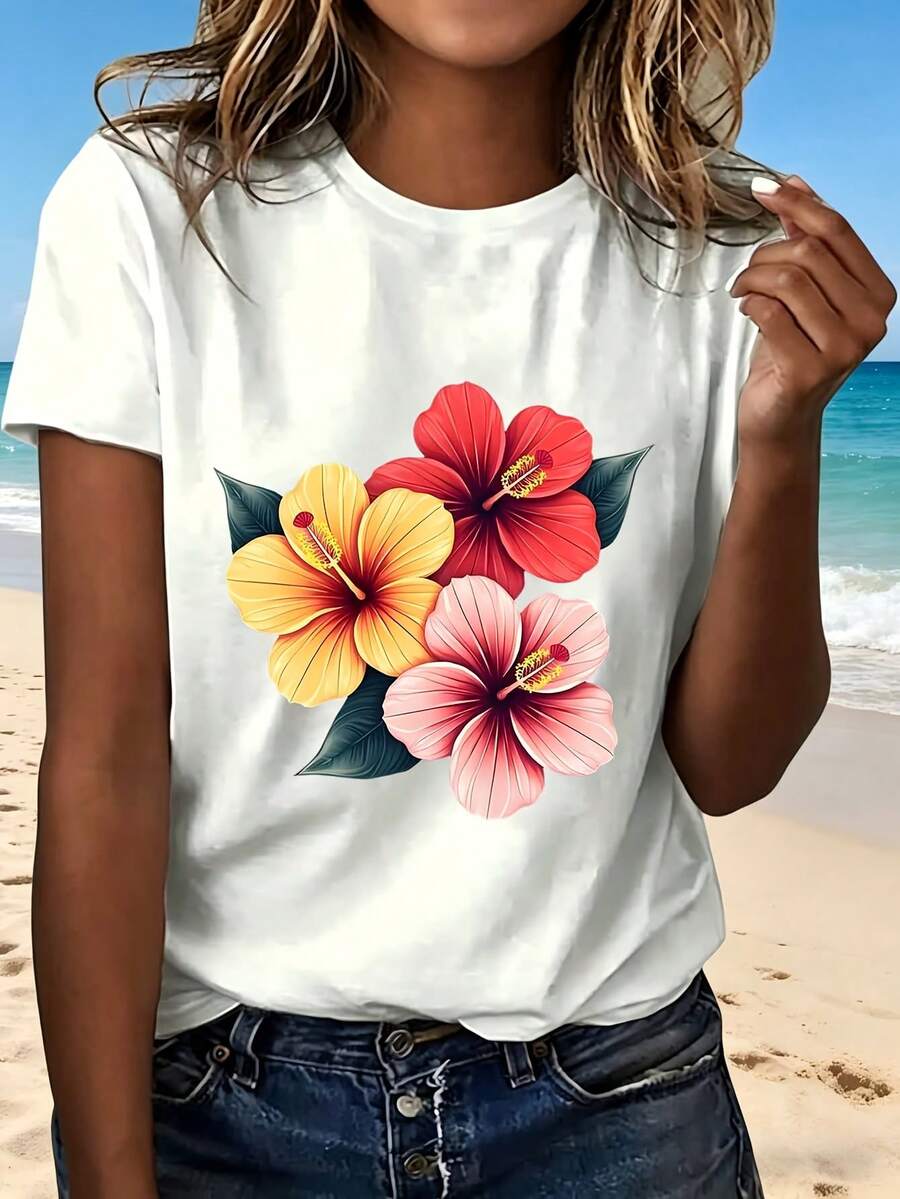 Hibiscus Flower Print T Shirt With Fashion Design Casual Summer Wear Perfect Gift For Beach Outing And Vacation - Blanco - Ver 1