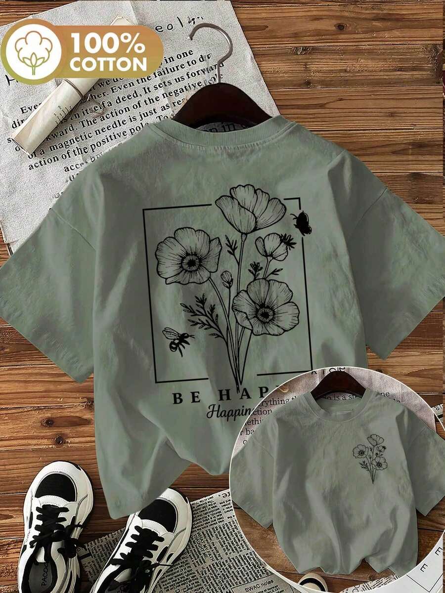 Limited Edition Graphic Print T-Shirt, Short Sleeves, Round Neck, Casual Top For Summer And Spring, Women's Clothing, Lightweight Cotton. - 綠色 - 查看 1