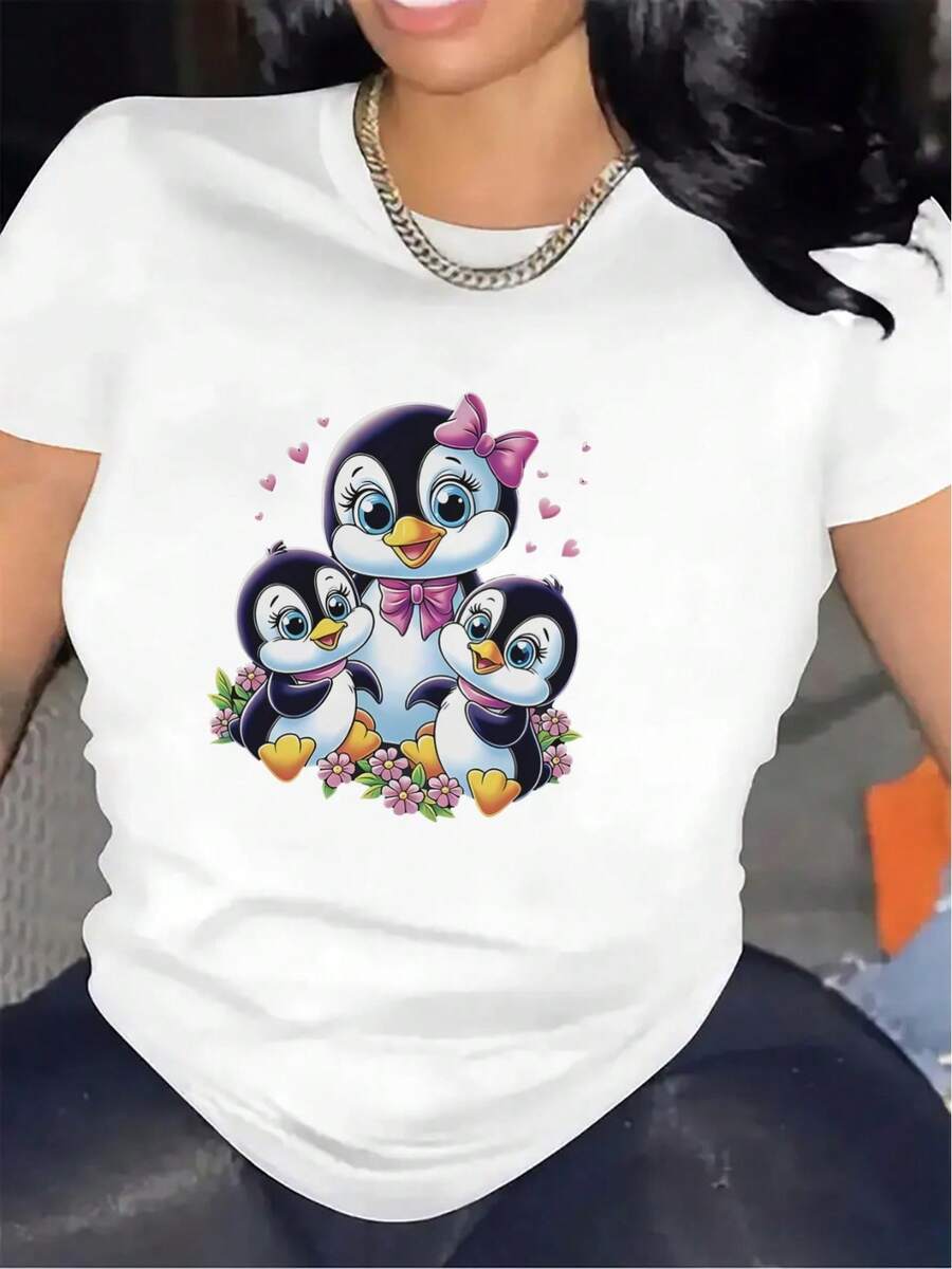 Short-Sleeved T-Shirt With Adorable Penguin Design | Durable And Comfortable, Ideal For The Living Room Or Dining Room, Soft Fabric, Lightweight And Breathable Top, Suitable For Daily Wear, Round Neck, Slightly Stretchy Women's T-Shirt. - 白色 - 查看 1