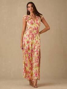 Mujeres elegante vestido estampado dividido (patrón aleatorio) - Amarillo - Ver 5