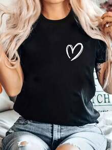 Talla Grande, Camiseta de Mujer de Talla Grande con Estampado de Corazón - Blusa Casual de Cuello Redondo y Manga Corta, Ropa Casual Transpirable para Primavera, Verano y Otoño, Top Holgado Lavable a Máquina Adecuado para Mujeres - Negro - Ver 1